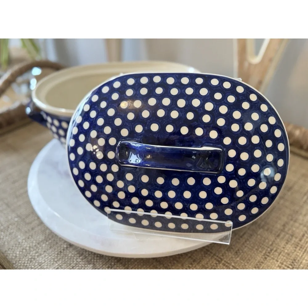 Handmade BOLESLAWIEC Polish Blue Pottery Oval  Baker With Lid WIZA